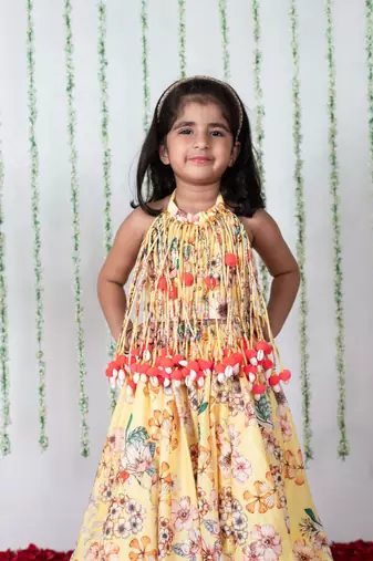 Yellow floral pompom ghaghra