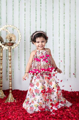 Light pink floral printed pompom ghaghra