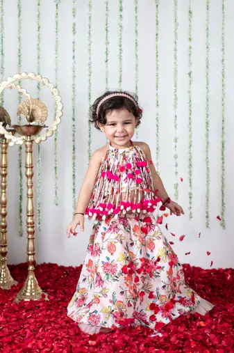 Light pink floral printed pompom ghaghra