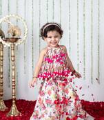 Light pink floral printed pompom ghaghra