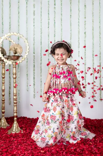 Light pink floral printed pompom ghaghra