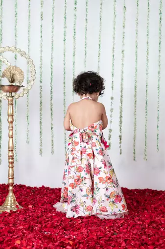 Light pink floral printed pompom ghaghra