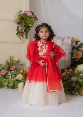 Red and white embroidered blouse with ghaghra and dupatta 1