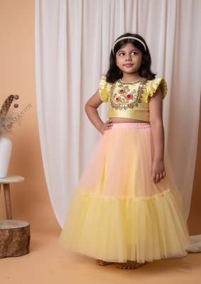 Yellow and peach mirror floral embroidered ghaghra set 1
