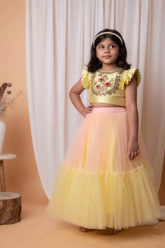 Yellow and peach mirror floral embroidered ghaghra set