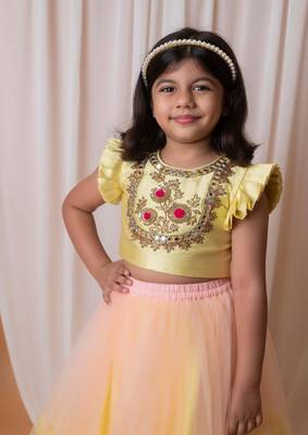 Yellow and peach mirror floral embroidered ghaghra set 2