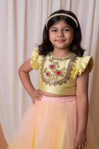 Yellow and peach mirror floral embroidered ghaghra set