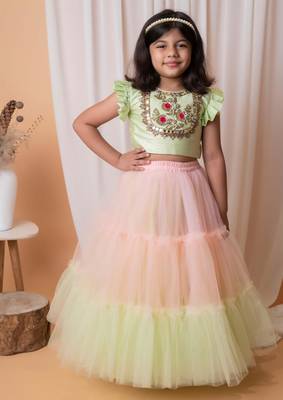 Green and peach mirror floral embroidered ghaghra set 1