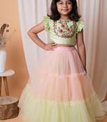 Green and peach mirror floral embroidered ghaghra set