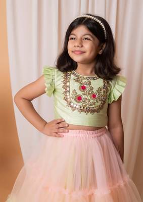 Green and peach mirror floral embroidered ghaghra set 2