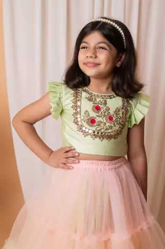Green and peach mirror floral embroidered ghaghra set