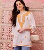 Hand embroidered white cotton lucknowi chikankari short kurti