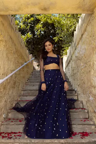 Navy Blue Net Sequins Embroidered Lehenga Choli