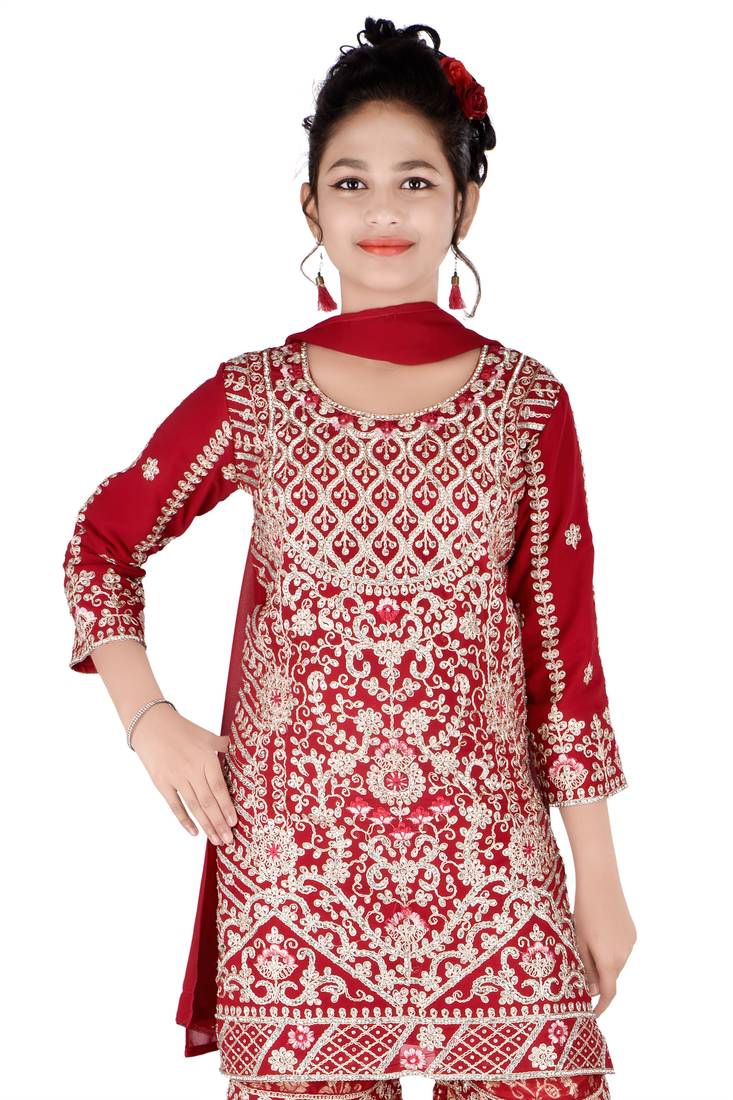 Aura heavy embroidery and stone hand work rani farsi jacquard sharara suit set