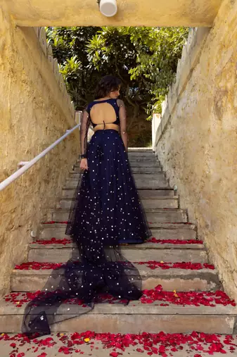 Navy Blue Net Sequins Embroidered Lehenga Choli