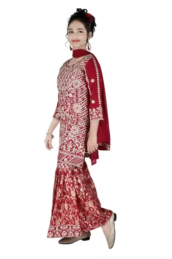 Aura heavy embroidery and stone hand work rani farsi jacquard sharara suit set