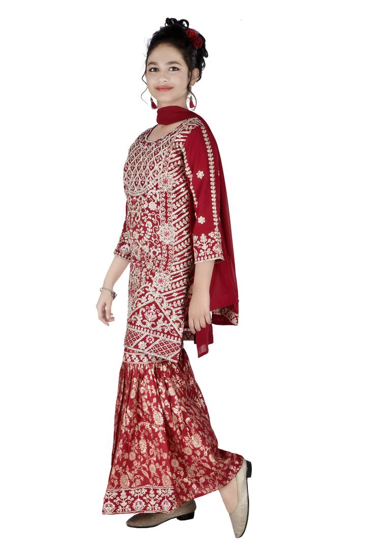 Aura heavy embroidery and stone hand work rani farsi jacquard sharara suit set