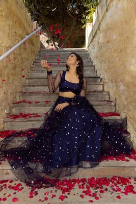 Navy Blue Net Sequins Embroidered Lehenga Choli 5