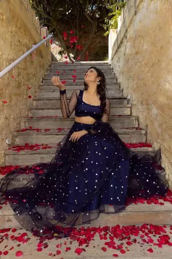 Navy Blue Net Sequins Embroidered Lehenga Choli