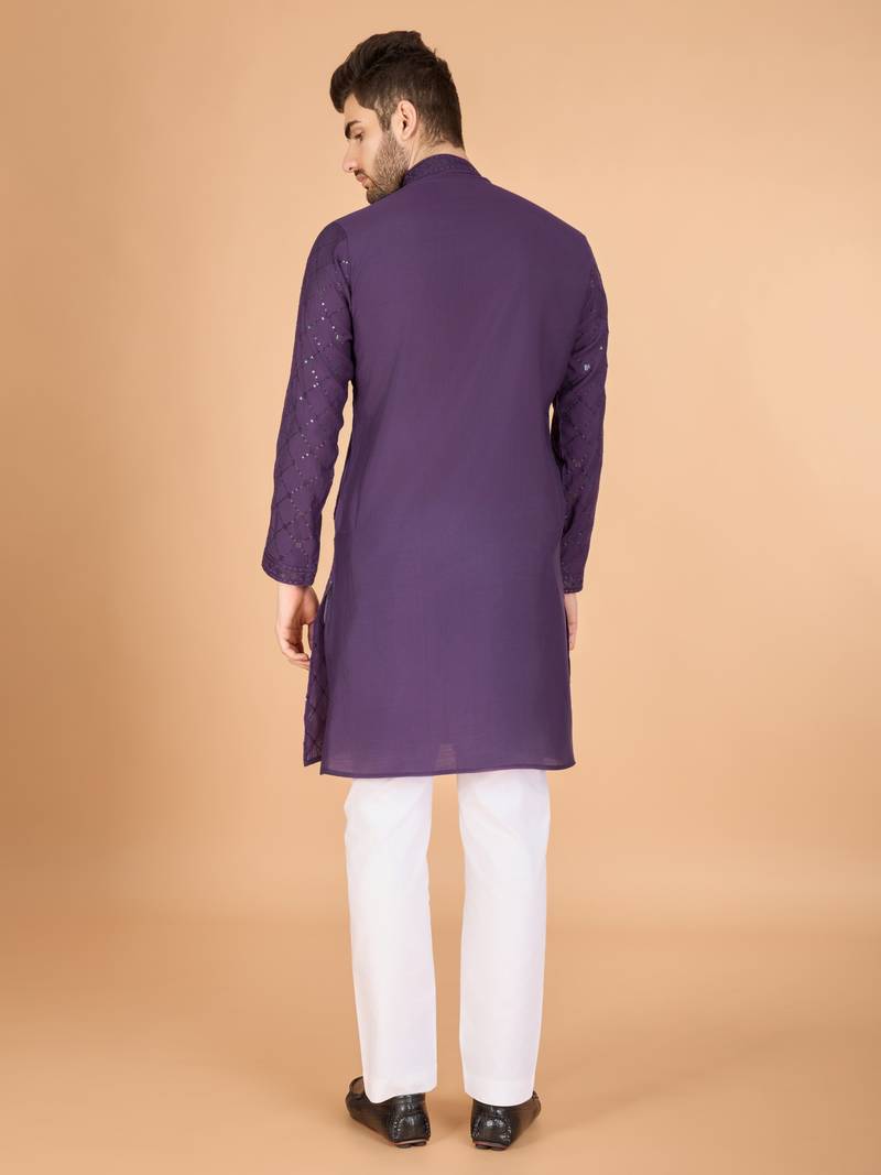 Dusty purple viscose silk thread & sequins embroidered work wedding festival party wear straight kurta with dupatta