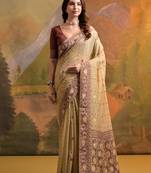 Cream soft muga cotton weaving saree with zari woven butties