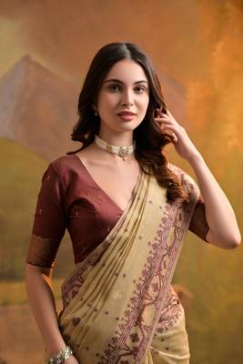 Cream soft muga cotton weaving saree with zari woven butties 2
