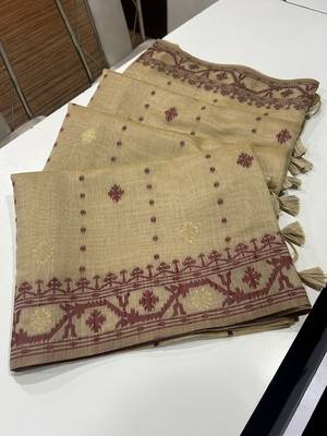 Cream soft muga cotton weaving saree with zari woven butties 4