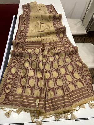Cream soft muga cotton weaving saree with zari woven butties 5