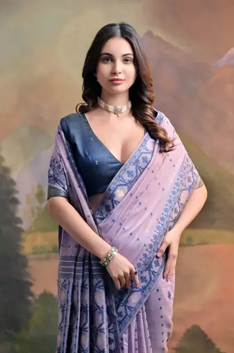 Lavender soft muga cotton weaving saree with zari woven butties