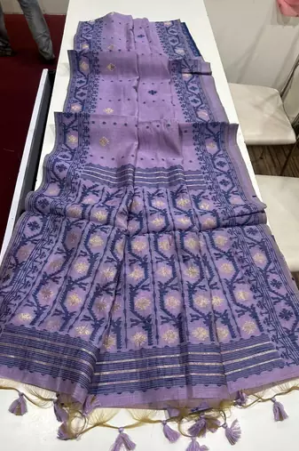 Lavender soft muga cotton weaving saree with zari woven butties
