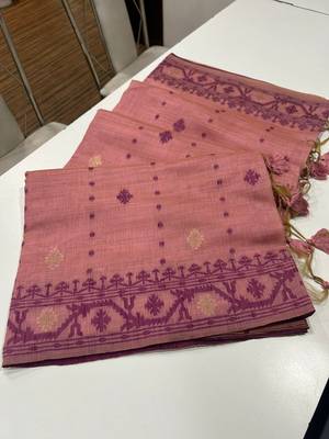 Pink soft muga cotton weaving saree with zari woven butties 4