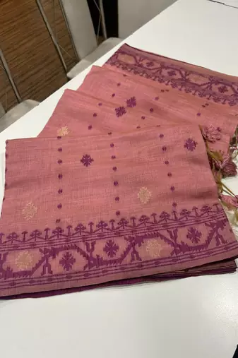 Pink soft muga cotton weaving saree with zari woven butties