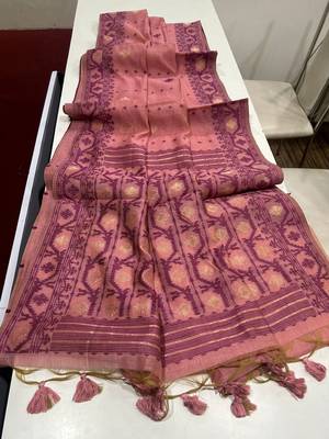 Pink soft muga cotton weaving saree with zari woven butties 5