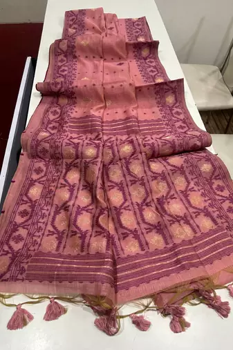 Pink soft muga cotton weaving saree with zari woven butties