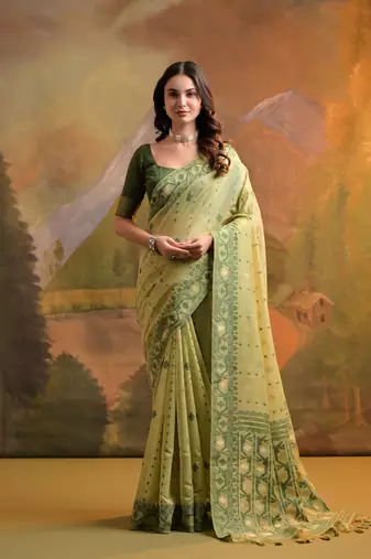 Pista soft muga cotton weaving saree with zari woven butties