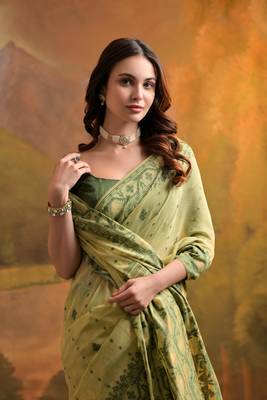 Pista soft muga cotton weaving saree with zari woven butties 2