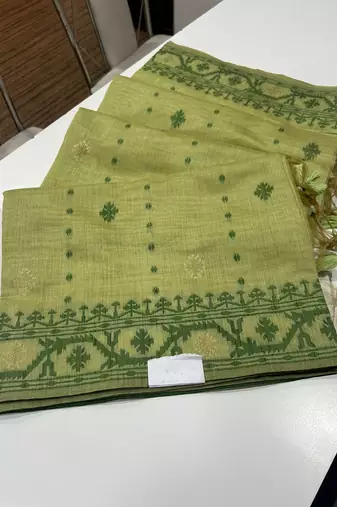 Pista soft muga cotton weaving saree with zari woven butties