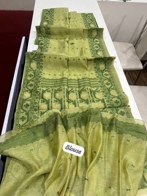 Pista soft muga cotton weaving saree with zari woven butties 5