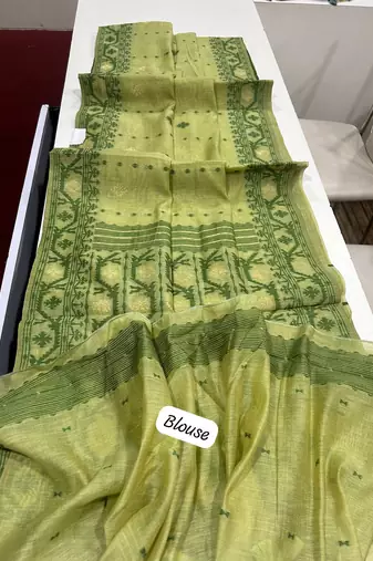 Pista soft muga cotton weaving saree with zari woven butties