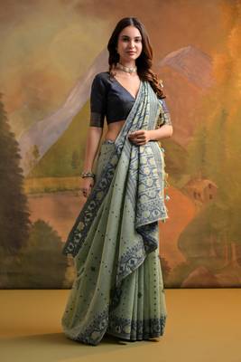 Sea green soft muga cotton weaving saree with zari woven butties 4
