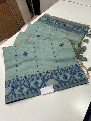 Sea green soft muga cotton weaving saree with zari woven butties 5