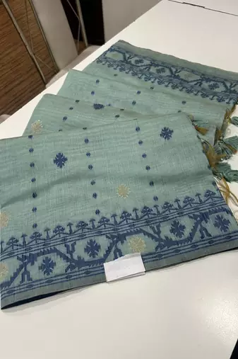 Sea green soft muga cotton weaving saree with zari woven butties