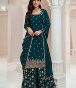 Teal chinon embroidered Palazzo suit