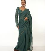  bottle green handloom mul cotton saree with golden scalloped border