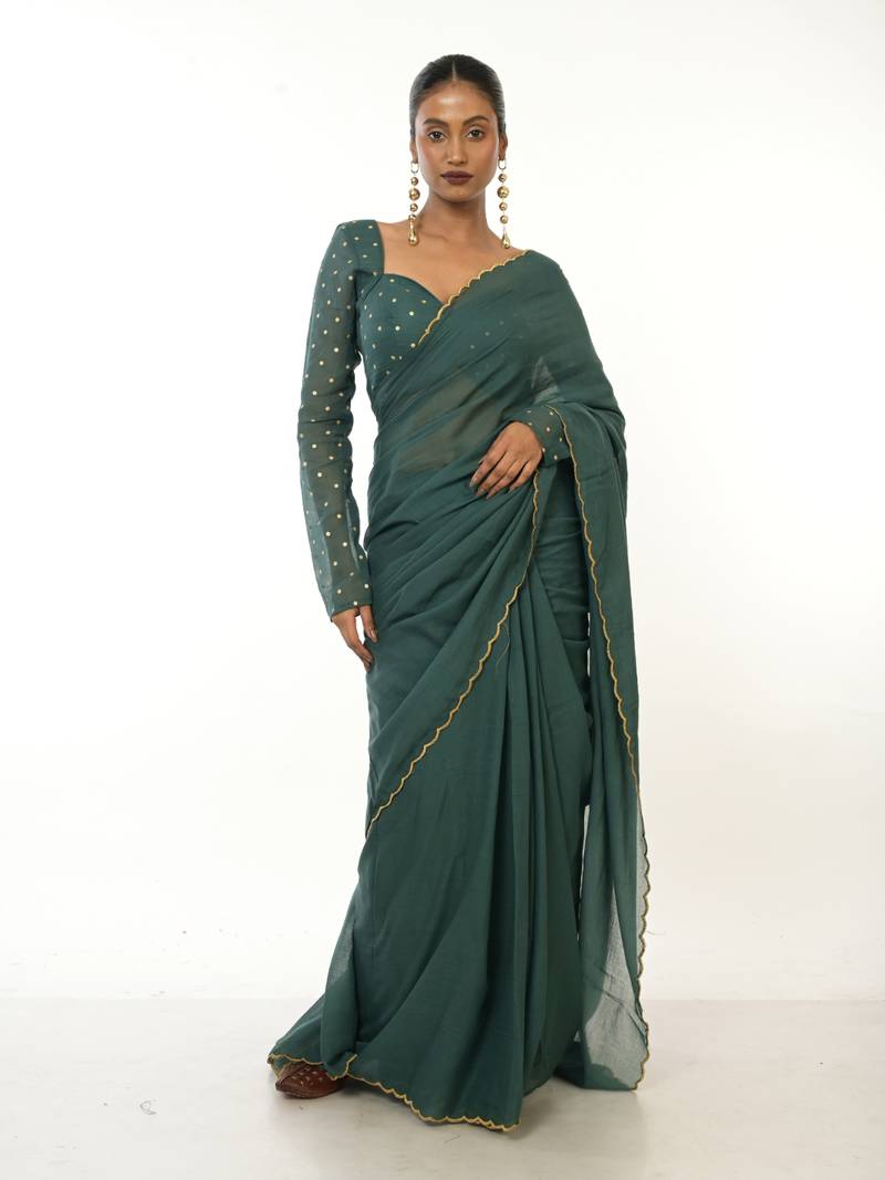  bottle green handloom mul cotton saree with golden scalloped border