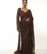 brown green handloom mul cotton saree with golden scalloped border