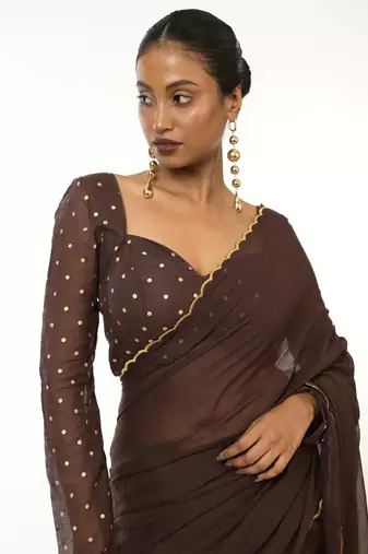 brown green handloom mul cotton saree with golden scalloped border