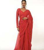 red handloom mul cotton saree with golden scalloped border