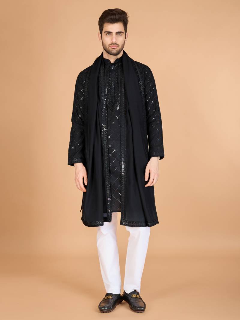 Black viscose silk thread & sequins embroidered work wedding festival marriage party wear straight kurta with dupatta