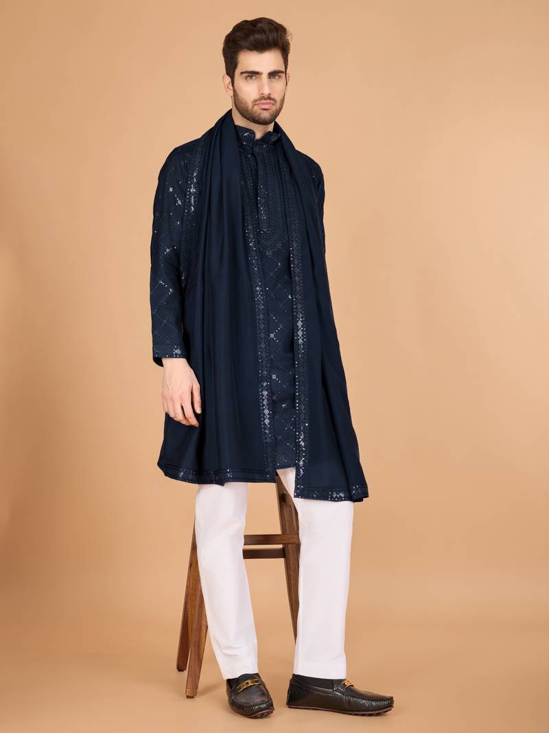 Navy blue viscose silk thread & sequins embroidered work wedding festival marriage party straight kurta with dupatta
